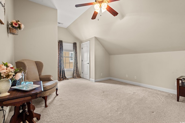 2019 Ye Olde Kings Hwy, North Myrtle Beach, SC 29582 - sitting room featuring vaulted ceiling, a ceiling fan, carpet floors, and baseboards