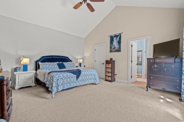 2019 Ye Olde Kings Hwy, North Myrtle Beach, SC 29582 - bedroom with carpet, high vaulted ceiling, baseboards, a ceiling fan, and ensuite bathroom