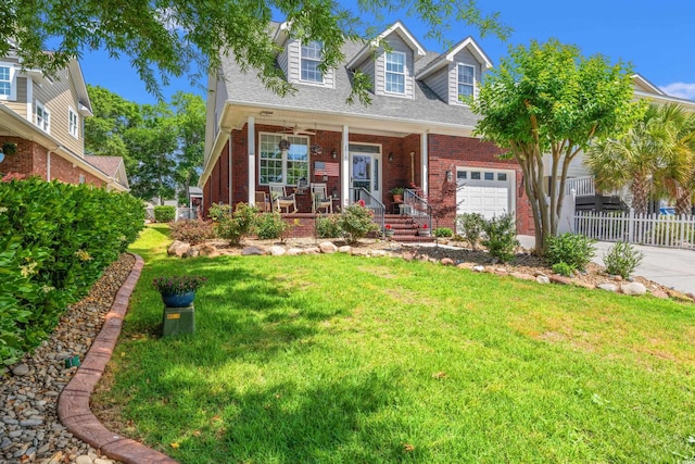 cape cod-style house featuring covered porch, brick siding, driveway, an attached garage, and roof with shingles