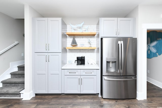 113B 11th Ave S, Surfside Beach, SC 29575 - kitchen featuring stainless steel fridge with ice dispenser, tasteful backsplash, dark wood finished floors, light countertops, and open shelves