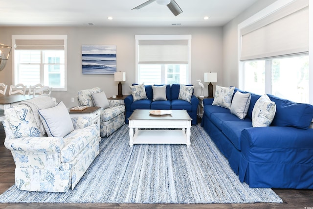 113B 11th Ave S, Surfside Beach, SC 29575 - living area with healthy amount of natural light, ceiling fan, wood finished floors, and recessed lighting