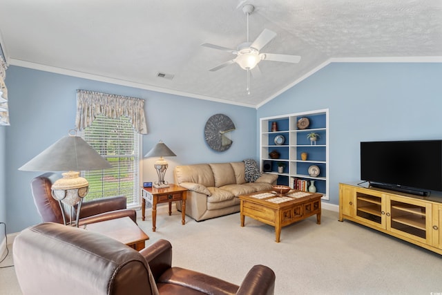 carpeted living room with vaulted ceiling, a ceiling fan, ornamental molding, and baseboards