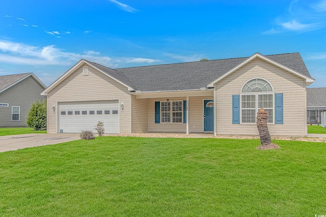 single story home with concrete driveway, a front yard, an attached garage, a shingled roof, and a porch