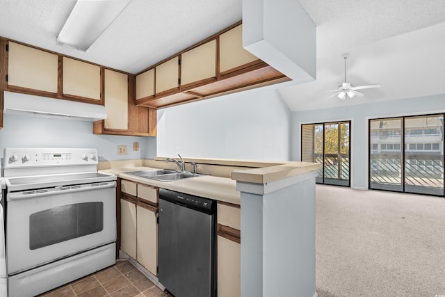 1100 Possum Trot Rd Unit B202, North Myrtle Beach, SC 29582 - kitchen featuring white electric range, dishwasher, under cabinet range hood, a sink, and a ceiling fan