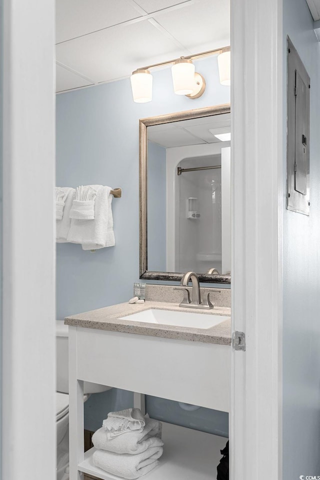 bathroom with electric panel, vanity, and toilet