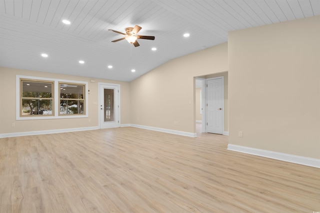 unfurnished living room with ceiling fan, recessed lighting, light wood-type flooring, baseboards, and wooden ceiling