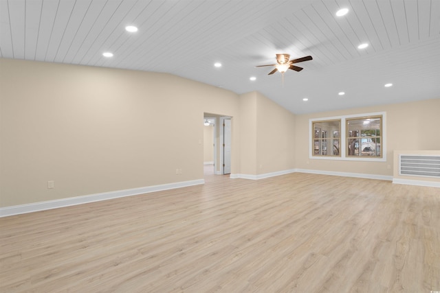 unfurnished living room featuring ceiling fan, recessed lighting, light wood-type flooring, vaulted ceiling, and baseboards