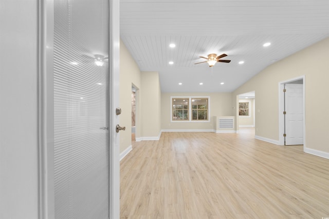 unfurnished living room with ceiling fan, light wood-style flooring, recessed lighting, and baseboards