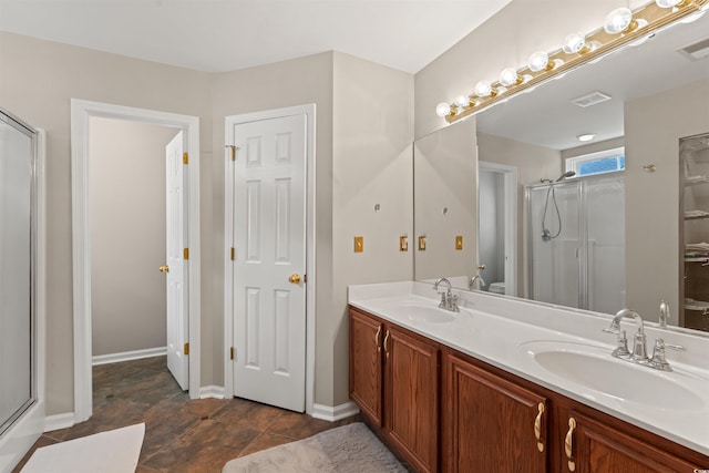 3 Birdsong Ct, Murrells Inlet, SC 29576 - bathroom featuring a stall shower, double vanity, and baseboards