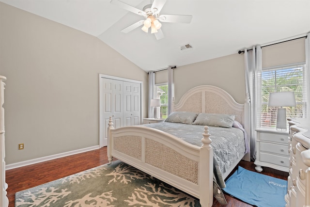 3 Birdsong Ct, Murrells Inlet, SC 29576 - bedroom featuring wood finished floors, vaulted ceiling, a closet, baseboards, and ceiling fan