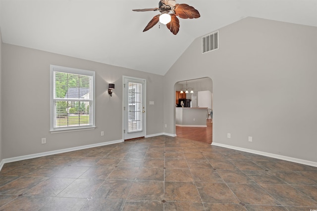 3 Birdsong Ct, Murrells Inlet, SC 29576 - empty room featuring ceiling fan, arched walkways, baseboards, and high vaulted ceiling