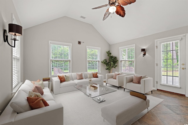 3 Birdsong Ct, Murrells Inlet, SC 29576 - living area featuring a ceiling fan, vaulted ceiling, and light stone finish flooring
