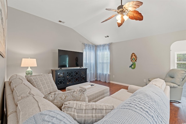 3 Birdsong Ct, Murrells Inlet, SC 29576 - living room featuring vaulted ceiling, wood finished floors, a ceiling fan, and baseboards