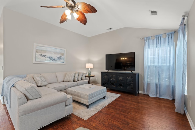 3 Birdsong Ct, Murrells Inlet, SC 29576 - living area featuring lofted ceiling, a ceiling fan, wood finished floors, and baseboards