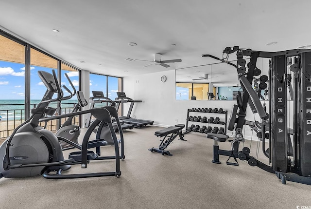 1690 N Waccamaw Dr Unit 103, Garden City Beach, SC 29576 - workout area with plenty of natural light, ceiling fan, and a water view