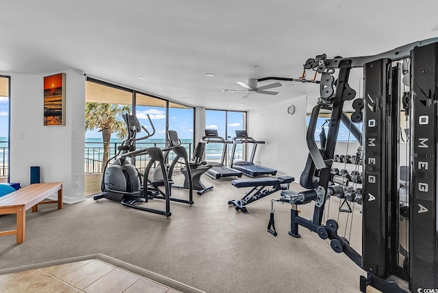 1690 N Waccamaw Dr Unit 103, Garden City Beach, SC 29576 - exercise room with expansive windows and ceiling fan