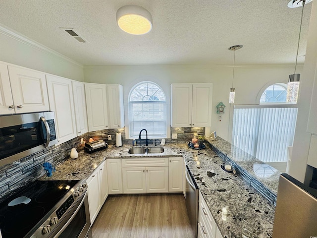 4783 Wild Iris Dr Unit 101, Myrtle Beach, SC 29577 - kitchen with a sink, stainless steel appliances, wood finished floors, tasteful backsplash, and a textured ceiling
