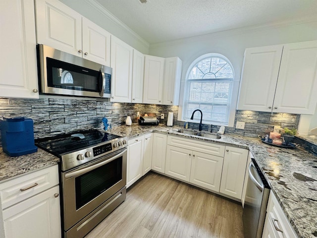4783 Wild Iris Dr Unit 101, Myrtle Beach, SC 29577 - kitchen featuring stainless steel appliances, a sink, light wood-type flooring, tasteful backsplash, and crown molding