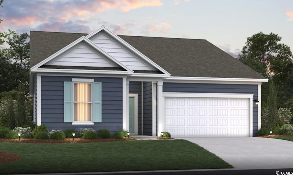 4004 Braid Ct, Myrtle Beach, SC 29588 - view of front of house with driveway, a lawn, an attached garage, and roof with shingles