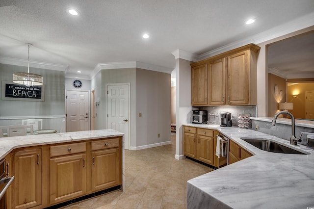 1204 Pine Valley Rd, North Myrtle Beach, SC 29582 - kitchen with a sink, ornamental molding, recessed lighting, decorative backsplash, and stainless steel dishwasher