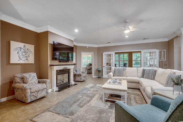 1204 Pine Valley Rd, North Myrtle Beach, SC 29582 - living room featuring a fireplace, ceiling fan, ornamental molding, baseboards, and recessed lighting