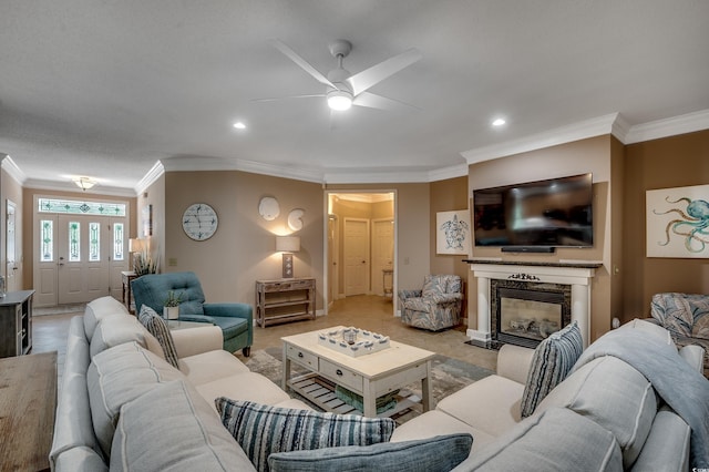 1204 Pine Valley Rd, North Myrtle Beach, SC 29582 - living room with a ceiling fan, crown molding, a premium fireplace, and recessed lighting