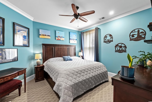 bedroom with baseboards, light colored carpet, crown molding, and a ceiling fan