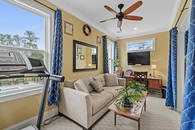 living area featuring a ceiling fan, crown molding, and baseboards