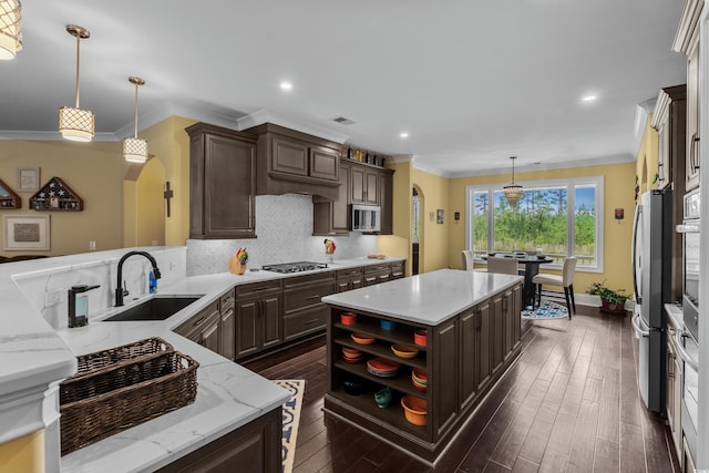 1763 Hemingway Rd, Loris, SC 29569 - kitchen with stainless steel appliances, a sink, open shelves, dark wood finished floors, and light stone countertops