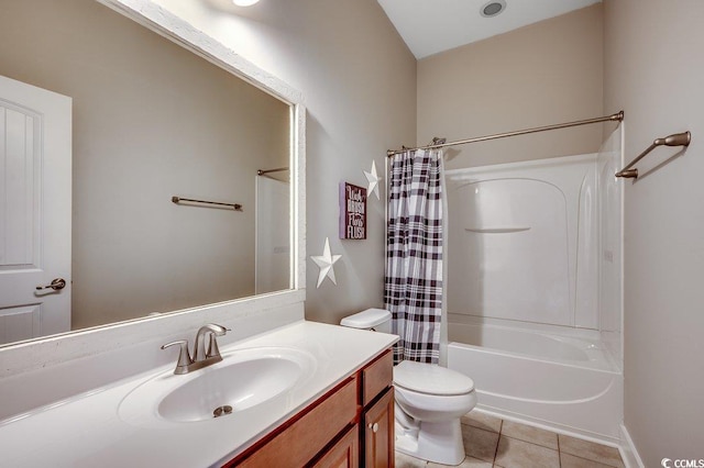 bathroom with tile patterned floors, toilet, shower / bath combo, and vanity