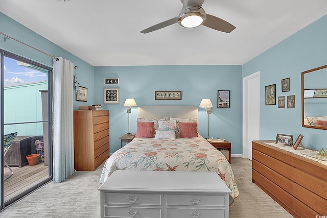 bedroom with access to exterior, light carpet, and ceiling fan