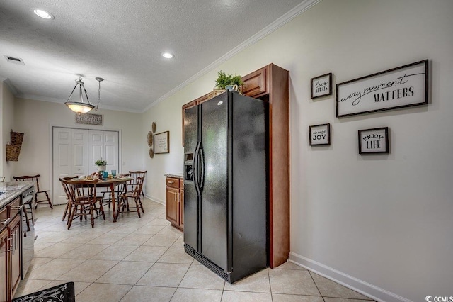 100 Woodlyn Ave, Little River, SC 29566 - kitchen featuring black refrigerator with ice dispenser, ornamental molding, light tile patterned flooring, recessed lighting, and baseboards