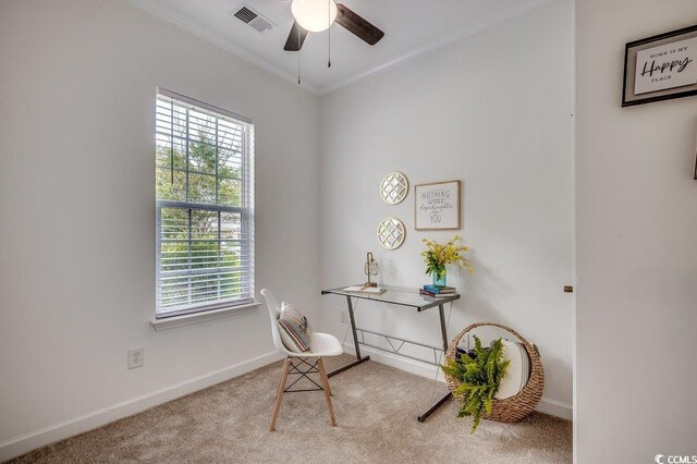 100 Woodlyn Ave, Little River, SC 29566 - living area with ornamental molding, carpet, ceiling fan, and baseboards