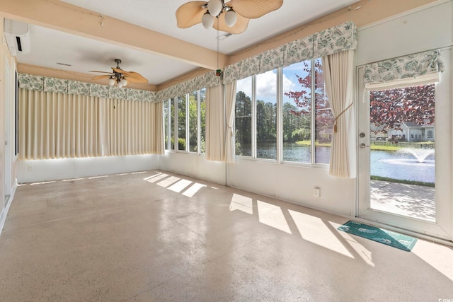 8204 Caddis Ct, Myrtle Beach, SC 29579 - unfurnished sunroom with a ceiling fan, a water view, and an AC wall unit