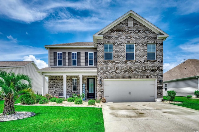 5406 Longhorn Dr, Myrtle Beach, SC 29588 - traditional-style home featuring brick siding, driveway, a garage, a front yard, and a porch