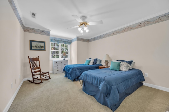 bedroom featuring light colored carpet, ornamental molding, baseboards, and a ceiling fan