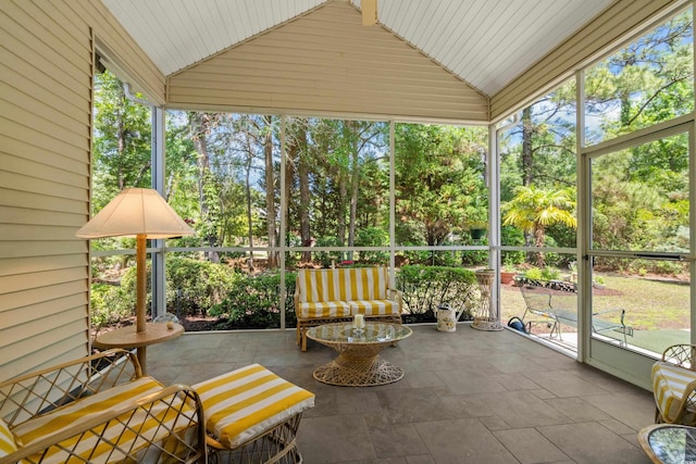 190 Barony Pl, Pawleys Island, SC 29585 - sunroom / solarium with lofted ceiling and view of scattered trees