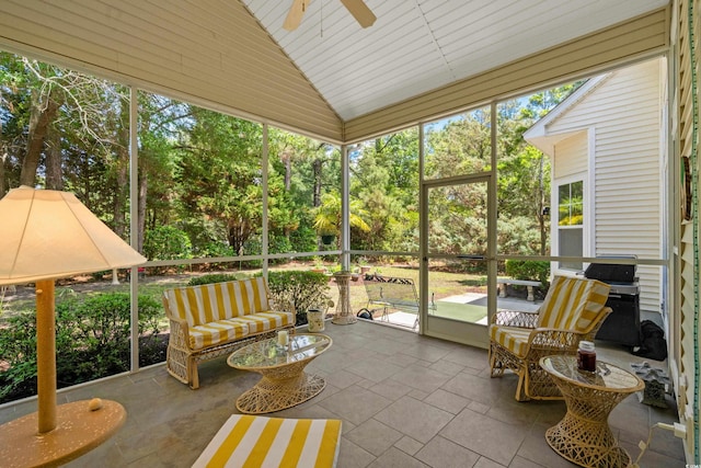 190 Barony Pl, Pawleys Island, SC 29585 - sunroom / solarium featuring vaulted ceiling, ceiling fan, an outdoor living space, and view of wooded area