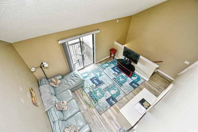 living room featuring wood finished floors, a textured ceiling, and baseboards