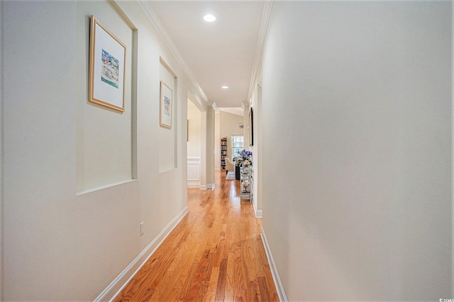967 Henry James Dr, Myrtle Beach, SC 29579 - hallway with ornamental molding, light wood finished floors, baseboards, and recessed lighting