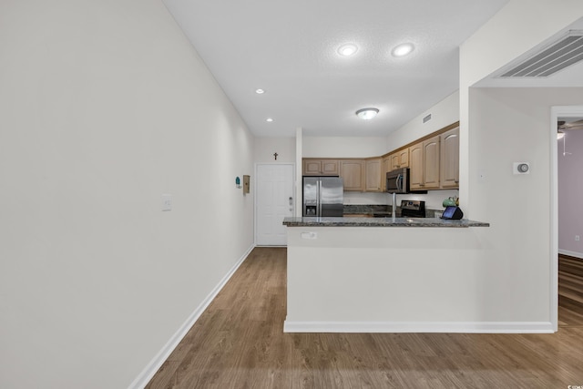 kitchen with stainless steel appliances, baseboards, wood finished floors, a peninsula, and recessed lighting