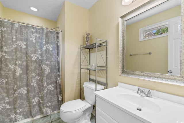 6001 S Kings Hwy, Myrtle Beach, SC 29575 - full bathroom with toilet, vanity, curtained shower, and tile patterned flooring