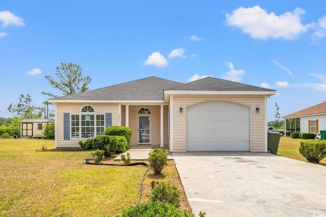 view of front facade featuring an attached garage, a front yard, concrete driveway, and a shingled roof