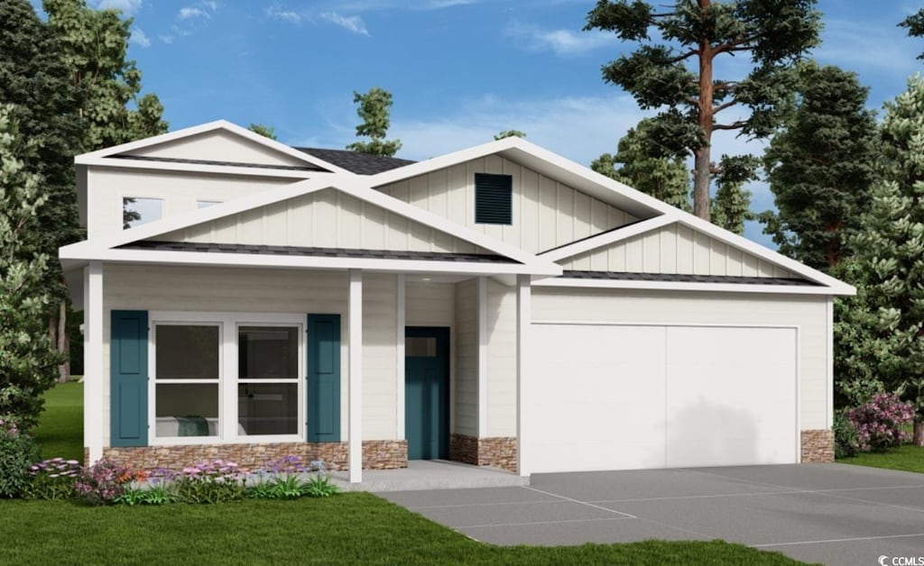 140 Palmetto Harbour Dr, North Myrtle Beach, SC 29582 - craftsman house with stone siding, board and batten siding, a garage, and driveway