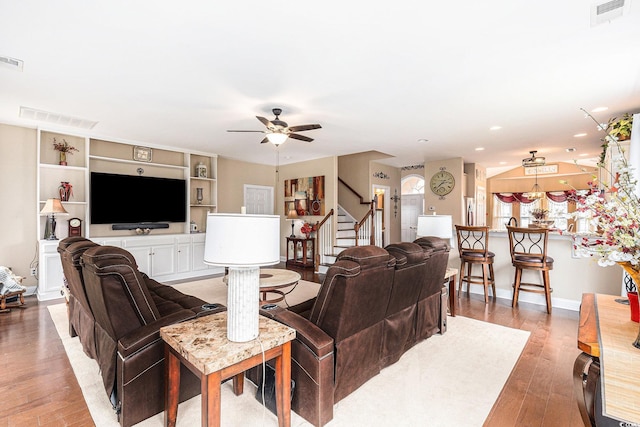 1367 Bermuda Grass Dr, Myrtle Beach, SC 29579 - living room with stairs, a ceiling fan, light wood-type flooring, recessed lighting, and baseboards