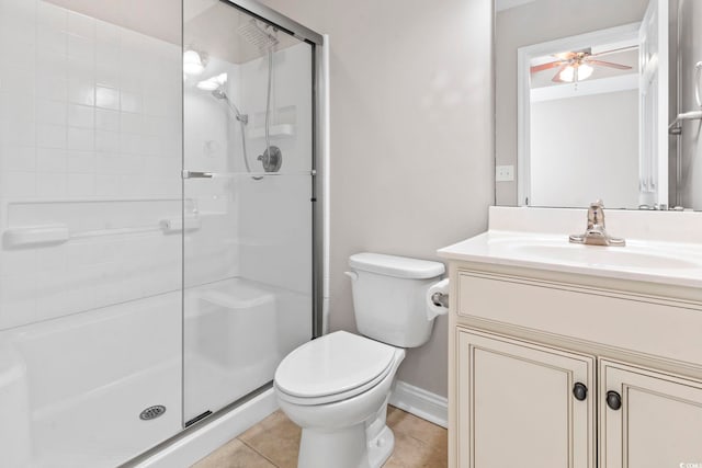 full bathroom featuring a shower stall, a ceiling fan, toilet, vanity, and tile patterned floors