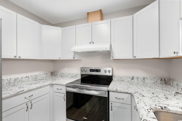 1015 Elm St Unit 4, Conway, SC 29526 - kitchen featuring electric stove, under cabinet range hood, white cabinetry, and light stone counters