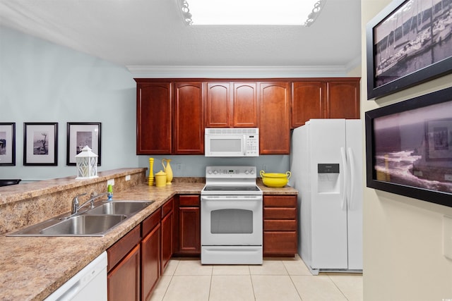 5840 Longwood Dr Unit 303, Murrells Inlet, SC 29576 - kitchen featuring white appliances, a sink, light tile patterned flooring, light countertops, and ornamental molding