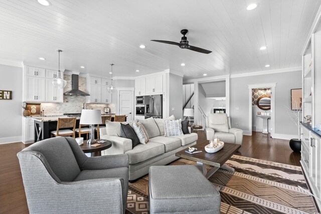 4832 Williams Island Dr, Little River, SC 29566 - living area with recessed lighting, baseboards, a ceiling fan, wood ceiling, and dark wood-type flooring