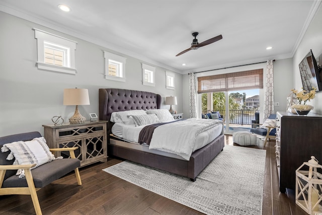 4832 Williams Island Dr, Little River, SC 29566 - bedroom featuring crown molding, access to outside, dark wood-type flooring, recessed lighting, and ceiling fan